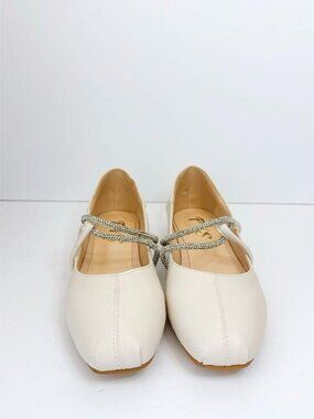 Size 9.5 White Square Toe Ballet Flats Rhinestone Strap Mary Jane Style FSJ